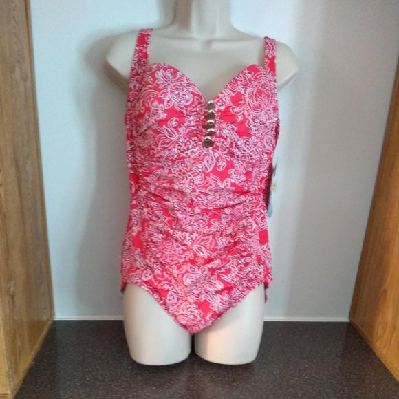 Swim Solutions V-Neck Flounce Tummy-Control One-Piece Swimsuit Black Size 12